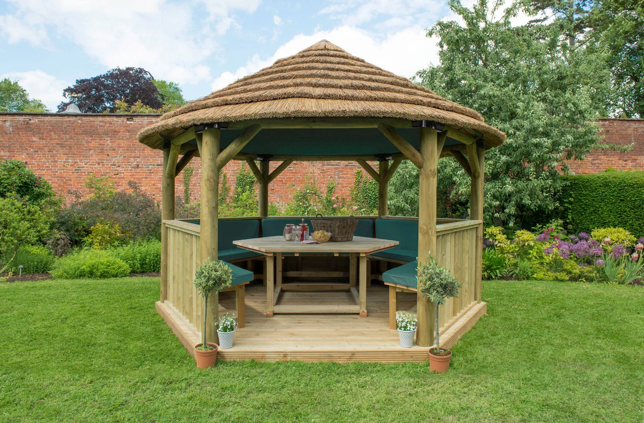 Forest Garden Hexagonal Thatched Roof Gazebo Furnished Green 8 Forest Garden Hexagonal Thatched Roof Gazebo Furnished Green - Image 8