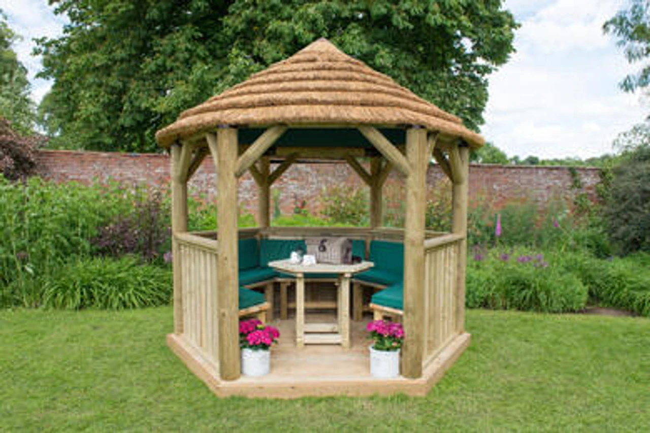 Forest Garden Hexagonal Thatched Roof Gazebo Furnished Green 2 Forest Garden Hexagonal Thatched Roof Gazebo Furnished Green - Image 2