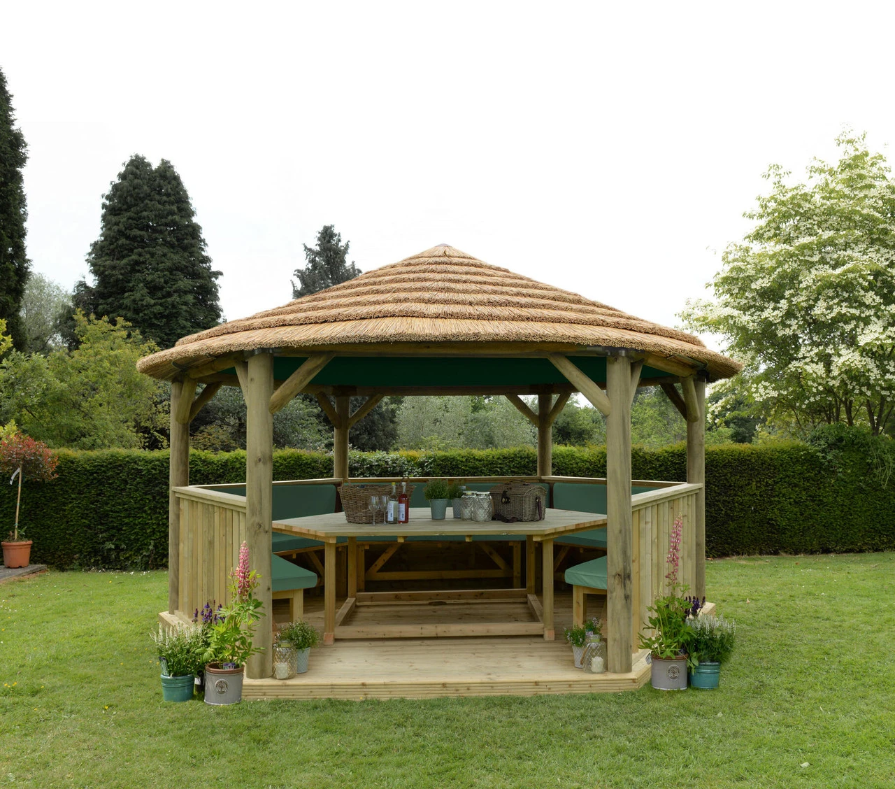 Forest Garden Hexagonal Thatched Roof Gazebo Furnished Green 6 Forest Garden Hexagonal Thatched Roof Gazebo Furnished Green - Image 6